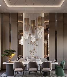 an elegant dining room with chandelier and table in the center, surrounded by chairs