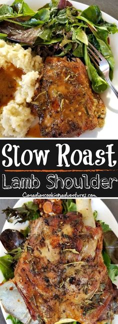 slow roast lamb shoulder on a plate with mashed potatoes and greens