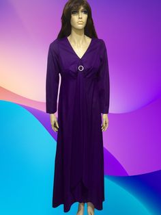 "Stand out in the room with this purple wonder.  Features a diamante brooch on the bodice.  Panel on the front to create some nice drama to this one.  Long sleeves.  Made by Wendy in the 1970s.  This one is marked a vinty size 18 but will fit more like a modern size 12 to 14 but please check measurements below to make sure. Measurements taken laying flat then doubled- Underarm to underarm  37\" inches or 93cm Waist 34\" inches or 86cm  Hips  37\" inches or 93cm" Glamorous Purple Maxi Dress For Formal Occasions, Long Purple Dress, Purple Long Dress, Purple Maxi Dress, Purple Maxi, Maxi Dress Long, Long Maxi Dress, Vintage 1970s, Purple Dress