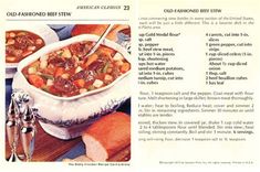 an old fashioned beef stew recipe is shown in this ad for the american cuisine cookbook