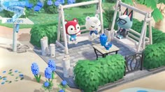 an animal crossing game with blue flowers and trees in the background, while two characters stand on a bench