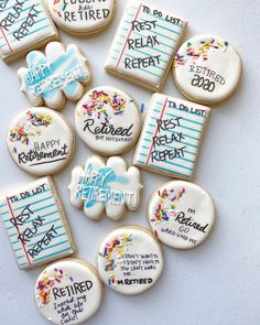 decorated cookies with the words retirement written on them