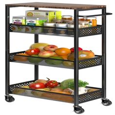 three tiered food cart with fruits and vegetables on it