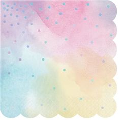 a pink, blue and yellow paper napkin with polka dot designs on it's edges