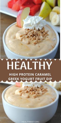 healthy high protein caramel greek yogurt fruit dip is an easy dessert recipe