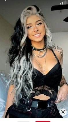 Summer 24 Hair Color Trends, Edge Hair Color, Cute Goth Haircuts, Gender Bent Cosplay, Goth Ombre Hair, Checkerboard Hair Color, Scene Hair 2023, Blonde And Dark Hair Ideas, Fun Black Hair Color Ideas