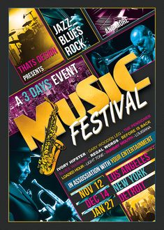 the music festival flyer is shown with various musical instruments and other things to be seen on it