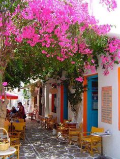 an alleyway with tables and chairs covered in pink bougaia trees on either side