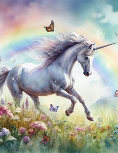 a white unicorn running through a field with butterflies