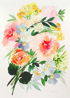 watercolor painting of colorful flowers on white paper