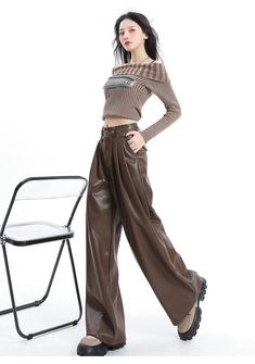 Coffee Wide-Leg Pu Leather Pants - chiclara Brown Leather Pants, Design Jeans, Angel Dress, Leg Design, Cinched Waist, Cropped Top, Womens Maxi Dresses, Velvet Dress, Pose Reference