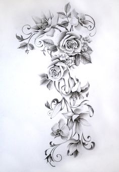 a drawing of roses and leaves on a white paper