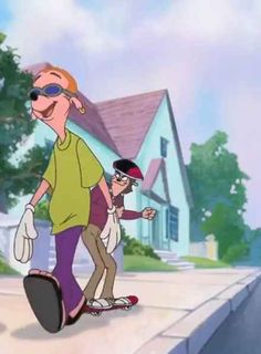 two cartoon characters are riding skateboards down the street in front of a white house