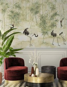 Crane Mural, Chinoiserie Mural, Garden Mural, Modern Mural, Chinoiserie Wallpaper, Blue Garden, Grasscloth Wallpaper, Gold Wallpaper, Accent Wallpaper