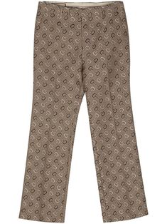 beige/brown cotton-wool blend signature Horsebit pattern patterned jacquard belt loops off-centre front fastening two side inset pockets two rear button-fastening jetted pockets straight hem long length Gucci Tailored Bottoms For Workwear, Tailored Gucci Bottoms For Workwear, Elegant Fitted Gucci Pants, Gucci Elegant Straight Pants, Elegant Gucci Pants For Formal Occasions, Gucci Formal Trousers, Gucci Formal Pants, Chic Gucci Pants For Work, Gucci Straight Workwear Pants