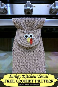 turkey kitchen towel free crochet pattern on stove with oven knobs in the background