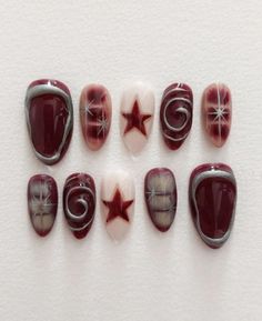 Gel Nail Star Designs, Fall Grunge Nails, Red Stars Aesthetic, Colorful Star Nails, Star Nails Aesthetic, Color Palette Nails, Palette Nails, Red Star Nails, Lamp Nails