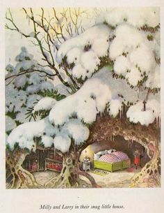 an illustration of a snow covered tree with a bed in the middle and trees around it