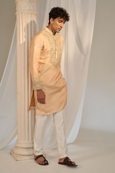 Beige handmade kurta with floral zardozi embroidered yoke and cuffs. Comes with white pant. - Aza Fashions White Pant, Kurta Pant Set, Diana Penty, Kurta With Pants, Pants Pattern, Pocket Pants, Modern Bride, Pant Set, White Pants