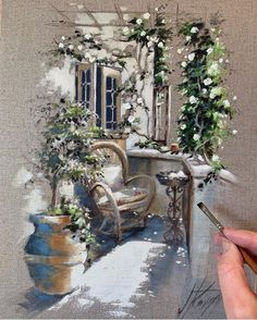 a painting of a room with chairs and flowers on the window sill next to a potted plant