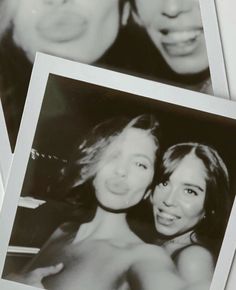 three black and white photos of two women posing for the camera, one is smiling