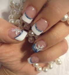 Christmas Ball Nails Design, Holiday French Nails Christmas, Blue French Tips With Snowflakes, Christmas Nail Tip Designs, Short Blue Christmas Nails, French Tip Nails Christmas, Christmas Nail Tips, French Tip Christmas Nail Ideas, French Christmas Nails