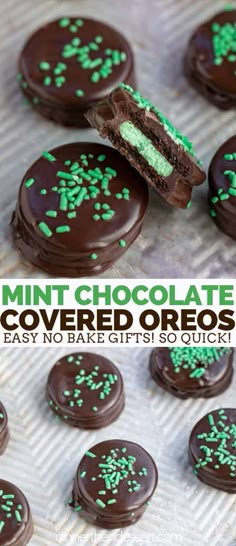 mint chocolate covered oreos with green sprinkles