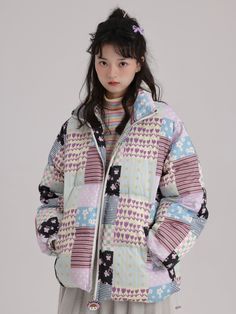 Happy Guest House *2022aw* Winter Stitching Printed Zipper Down Jacket Cotton Cotton Women's Original Design - ARCANA ARCHIVE Techwear Streetwear, Teacher Wardrobe, Striped Turtleneck, Bottoming Shirt, White Duck, Candy Stripes, Coat Design, Clothing Hacks, Duck Down