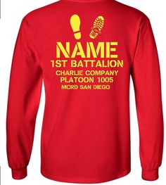 a red long - sleeved shirt with the name and image of a shoe on it