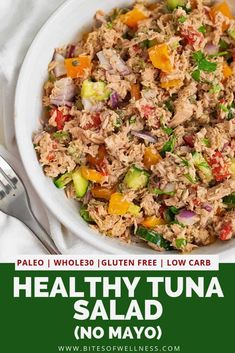 healthy tuna salad with no mayo in a white bowl