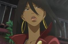 an anime character with black hair and large hoop earrings