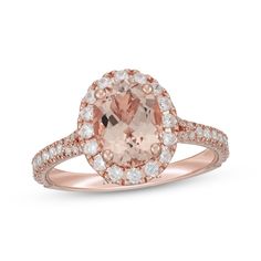 an oval cut morganite and diamond ring in rose gold with diamonds around the band