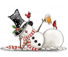 two snowmen wearing hats and scarfs, one holding a beer glass while the other is