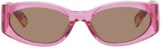 Oval transparent acetate-frame sunglasses in pink. · Brown lenses · Integrated nose pads · Inset logo hardware at temples · Exposed core wires · Steel temple tips · Eyewear chain compatible · Includes canvas pouch · Size: 55.20 135 Available exclusively at SSENSE. Supplier color: Pink Pink Cat Eye Sunglasses With Gradient Glass Lenses, Pink Cat Eye Sunglasses With Mirrored Lenses, Eyewear Chain, Pink Sunglasses, Canvas Pouch, Sunglass Frames, Pink Brown, Sunglasses Accessories, Temple