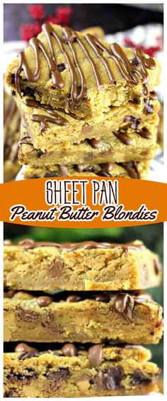 three different views of peanut butter chocolate chip sheet pan bars with title text above the image