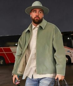 Lambeau Field Travis Kelce Green Jacket Casual Green Corduroy Outerwear, Green Courderoy Jacket, Men’s Corduroy Jacket, Lambeau Field, Travis Kelce, Corduroy Jacket, Green Jacket, Collar And Cuff, Shirt Style