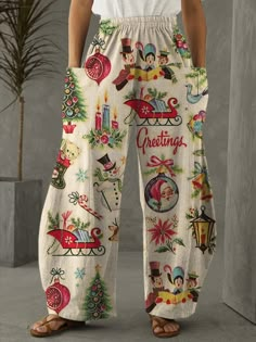 Women's Christmas Retro Print Casual Pants Retro Vintage Outfits, Plus Size Wide Leg Pants, Christmas Retro, Printed Wide Leg Pants, Holiday Patterns, Retro Print, Women Pants Casual, Retro Prints, Casual Party