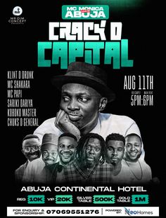 the poster for crazy capital, an upcoming event in abua continental hotel on friday