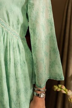 Sea green three fourth sleeves Aliya cut gathered anarkali with all over gardenia embroidery. Paired with a pant. - Aza Fashions Diana Penty, Luxury Sale, Fashion App, Pants Pattern, Anarkali, Modern Bride, Pure Silk, Aza Fashion, Types Of Sleeves