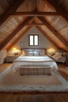 an attic bedroom with wooden floors and white bedding, two lamps on either side of the bed