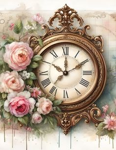 an ornate clock with pink flowers on it