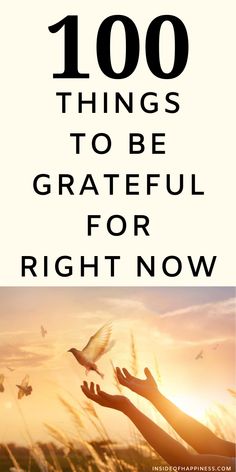 two hands reaching out towards the sun with text overlay that reads, 100 things to be grateful for right now