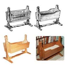 three wooden baby cribs with bookshelves on each side and an infant's bed in the middle