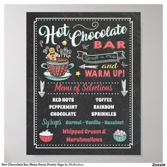 a chalkboard sign with the words hot chocolate bar and warm up