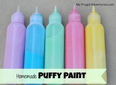 four different colored paint bottles with the words homemade puffy paint