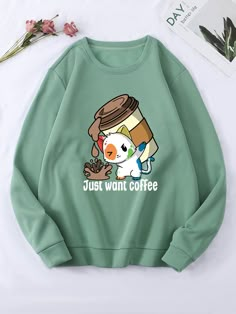 Mint Green Casual Collar Long Sleeve Fabric Cartoon,Slogan Pullovers Embellished Slight Stretch Fall Women Sweatshirts Sarcastic Clothing, Cartoon Hoodie, Coffee Sweater, Cute Sweatshirts, Simple Trendy Outfits, Really Cute Outfits