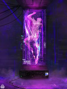 a digital image of a woman dancing in front of a purple background with neon lights