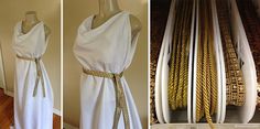 three pictures of different types of dresses on mannequins, one in white and the other in gold