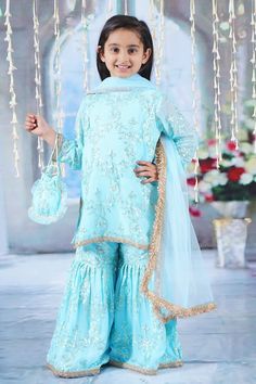 Blue kurta featuring irish thread and sequin work. Paired with an embroidered sharara pant. Comes with a lace embroidered dupatta and a potli. - Aza Fashions Embroidered Sharara, Sharara Pants, Kurta Cotton, Blue Kurta, Embroidered Dupatta, Sharara Set, Girl Online, Fashion App, Thread Work