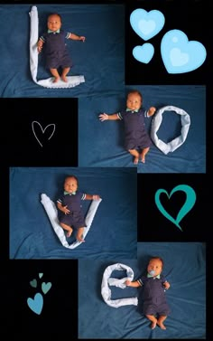 a collage of photos showing the stages of making a baby doll with heart shapes